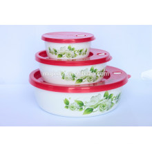 elegant enamel storage bowel with plastic cover and flower decal